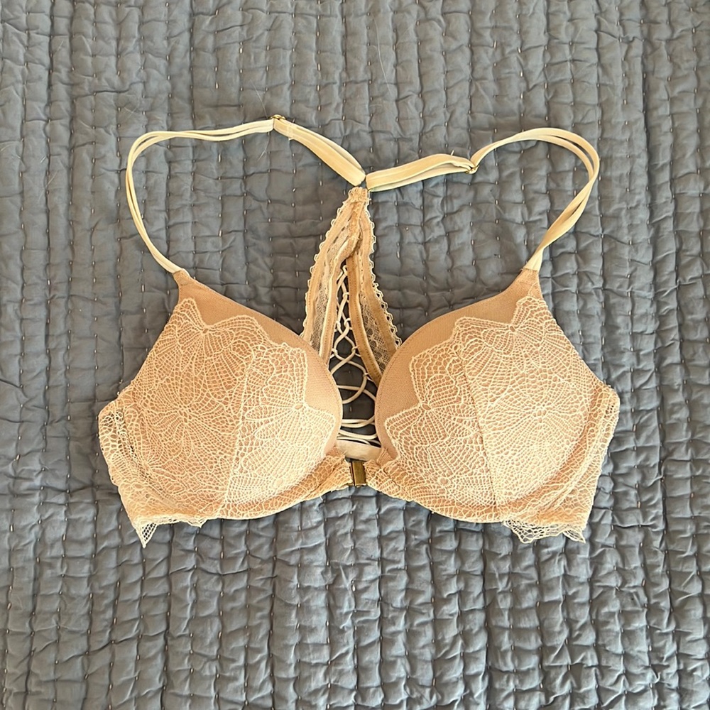 Victorias Secret Push-up Racerback Bra White Tan Cream Lace Nude 32B/C